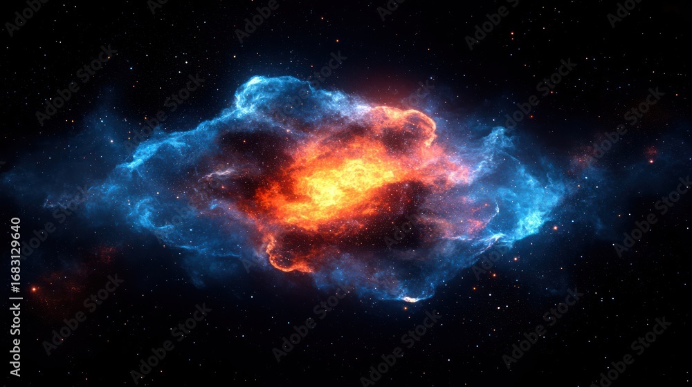 Fototapeta premium Fiery, cosmic nebula with swirling blue and orange gases