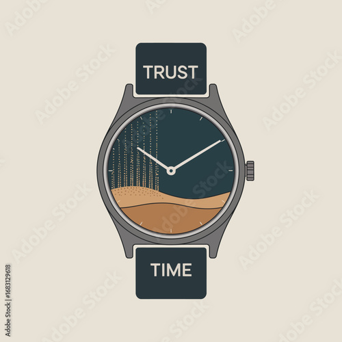 Modern minimalist wristwatch with a unique abstract landscape dial featuring sandy dunes and a dark sky symbolizing trust and the passage of time