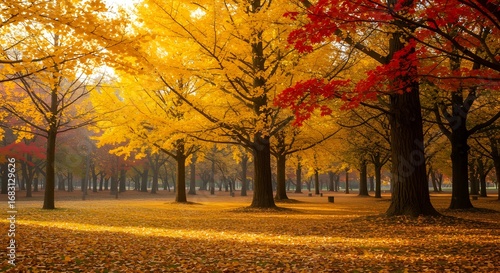 Camino dorado de otoño con vibrantes arces y ginkgos