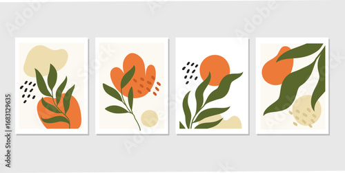 Wall art vector set. Earth tone boho foliage flower line art drawing. Abstract Plant Art design for print, cover, wallpaper, Minimal and natural wall art.
