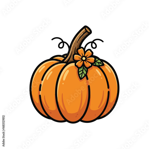 Vector illustration of cartoon pumpkin with flower and leaves for thanksgiving