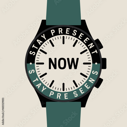 Modern wristwatch with now prominently displayed on the dial surrounded by the motivational phrase stay present in a clean minimalist design