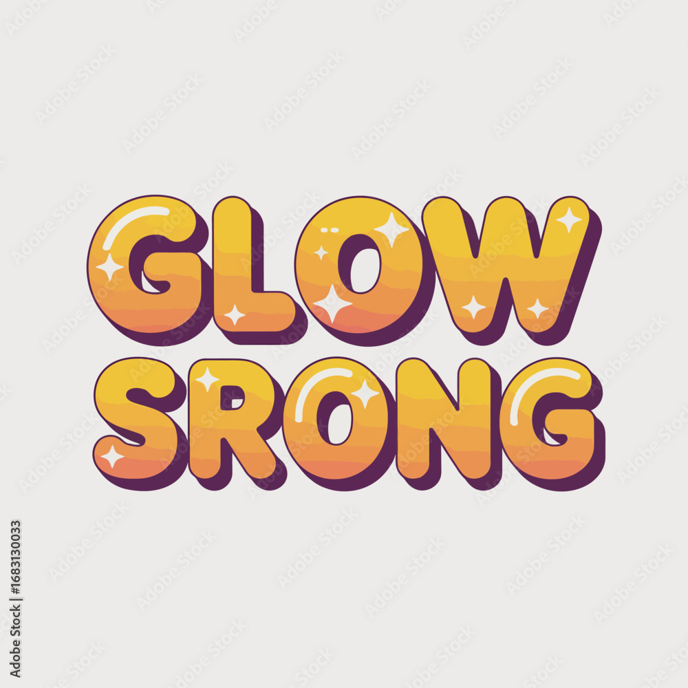 Fototapeta premium Bright and bold yellow orange bubbly letters spelling out glow strong with a subtle sparkle effect on a clean light gray background