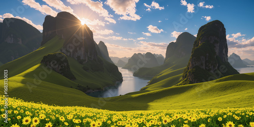 Green hills in the morning with flowers in the foreground and the sun rising on the horizon in the background. AI generated.