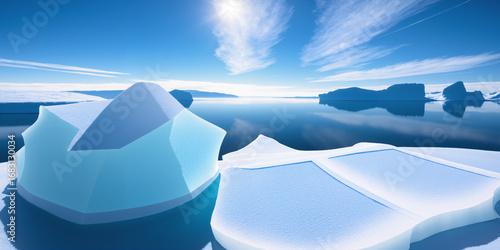 A frozen sea with ice cubes floating on the water and a sky in the background. AI generated.