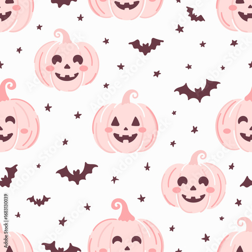 Seamless cute happy halloween pattern with pink pumpkins, bats, stars. Playful monster cartoon scary face design template background banner print party decor. Vector illustration