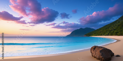 The beach at dusk has rocks and sand in the foreground, and the sky and clouds in the background. AI generated.