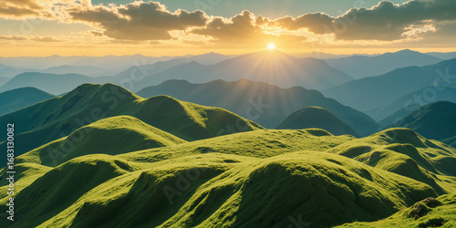 Green hills in the morning with the sun rising on the horizon. AI generated.