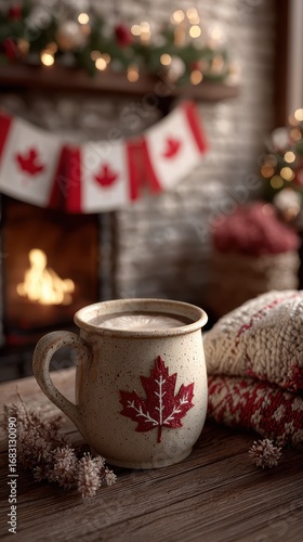 Wallpaper Mural Cozy winter setting with a decorative cup and knit blanket in front of a warm fireplace Torontodigital.ca