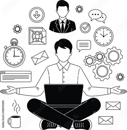 Businessman working on laptop surrounded by time management and productivity icons