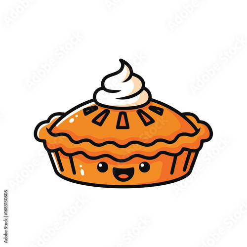 Vector illustration of cute cartoon pumpkin pie with whipped cream for thanksgiving