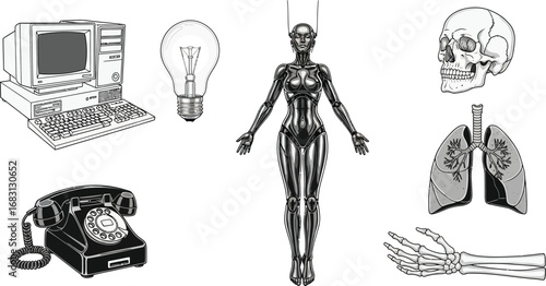 Collection of vintage scientific and technological illustrations on white background