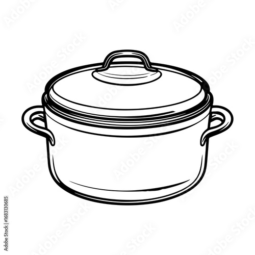 Black and White Cooking Pot Drawing – Hand drawn stylish vector illustration ideal for restaurant branding, kitchen decor, cookbook illustrations, food blog posts, and packaging designs.