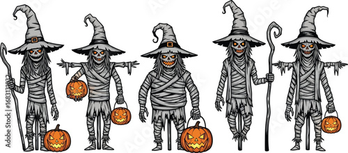 Five spooky mummy scarecrows wearing witch hats holding jack o lanterns