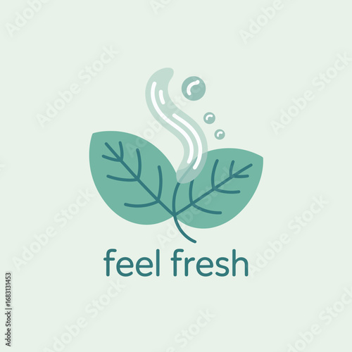A refreshing and clean logo design featuring two vibrant green leaves emitting a gentle wisp of steam and small bubbles conveying a sense of freshness and well being with the text feel fresh