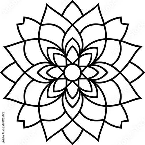 Geometric Black Outline Mandala Flower Design Isolated on White Keywords: mandala, geometric, pattern, floral, design, ornamental, symmetrical, circular, abstract, art, black and white, outline