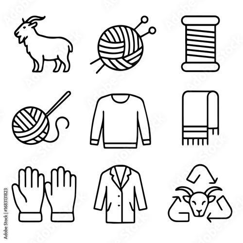 Line Art Icons Goat Yarn Knitting Sweater Coat Gloves Recycling Symbol.