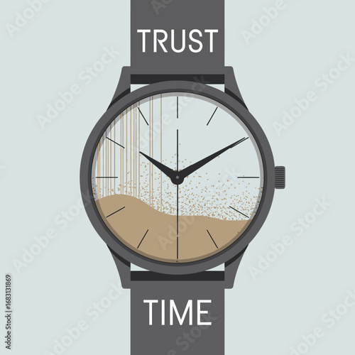 Modern wristwatch with abstract design on face and trust time text on strap symbolizing reliability and punctuality