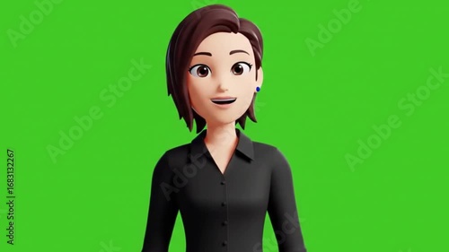 A simple and clean 3D animated female avatar in a black shirt, presented on a green screen background. Perfect for presentations, explainer videos, or corporate animations.