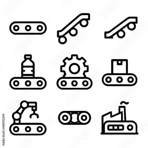 Nine Line Art Icons Depicting Automated Manufacturing Processes.