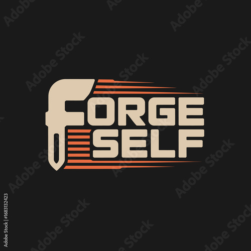 Retro style logo featuring the words forge self with a stylized hammer and anvil graphic on a dark background representing strength and self improvement