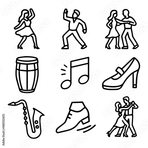 Outlined Dance Icons Dancing Figures Musical Notes Instruments and Footwear.