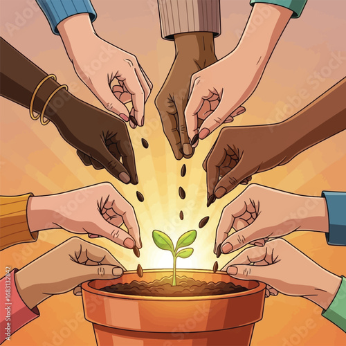 Diverse hands planting seeds in a pot, symbolizing growth, community, and cooperation for a better future.