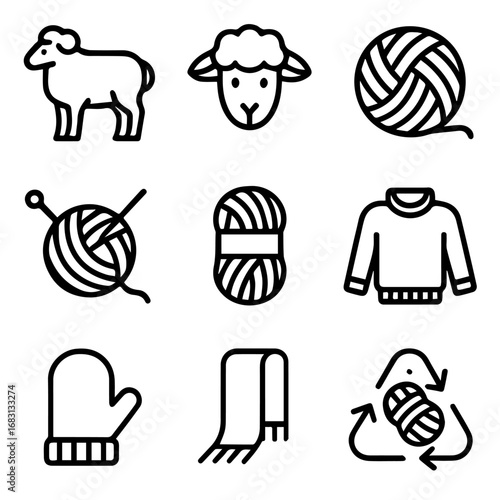 Simple Black Line Art Icons of Knitting Supplies Sheep and Recycling.
