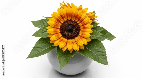 Wallpaper Mural A vibrant sunflower with bright yellow and orange petals and a dark brown center, nestled among lush green leaves in a simple white vase, presented against a... Torontodigital.ca