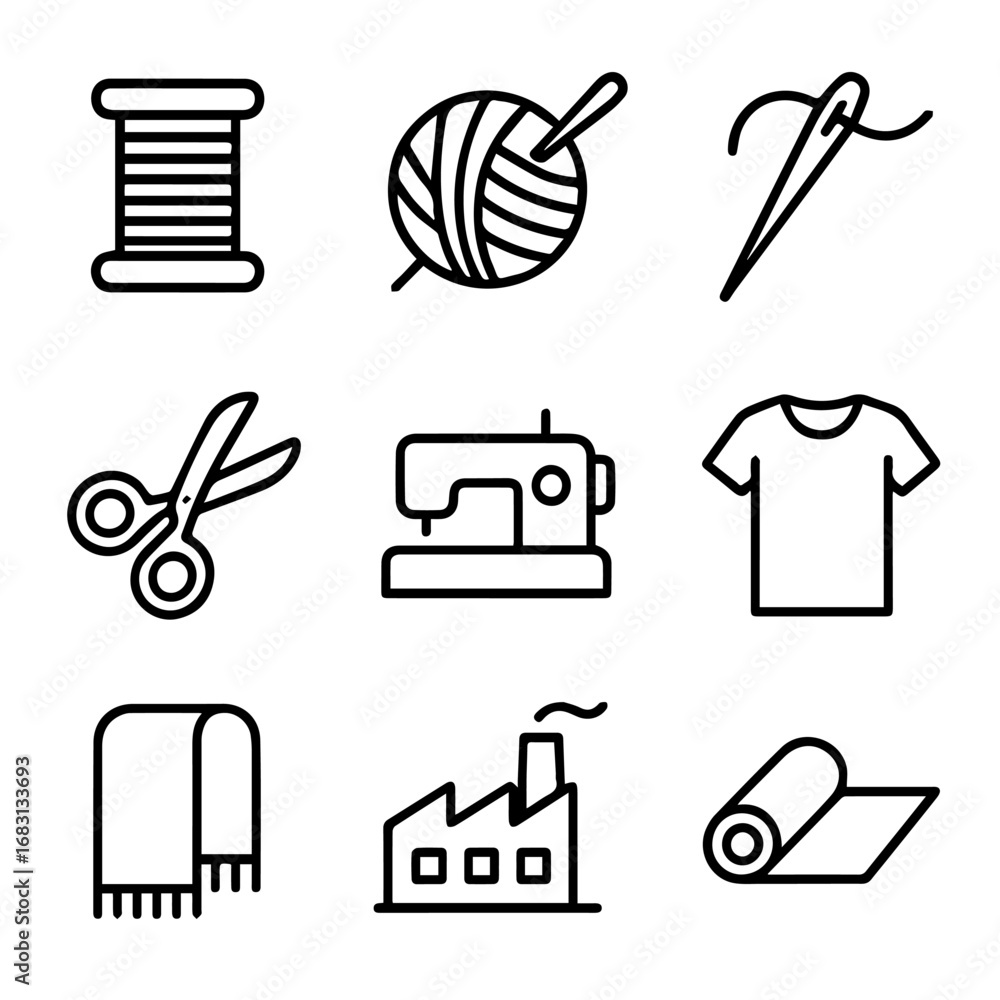 Fototapeta premium Simple Line Art Depicting Sewing and Textile Manufacturing Tools.