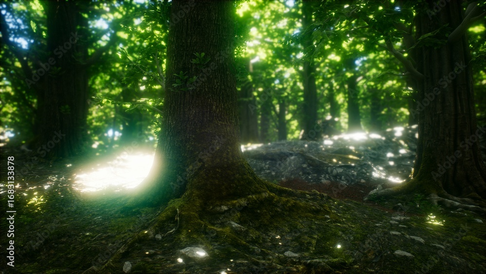 Obraz premium Golden rays filter through the lush canopy, illuminating the vibrant green foliage and moss covered ground. Nature breathes life into this enchanting woodland scene filled with wonder.