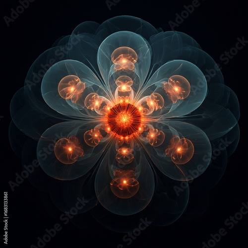 Digital fractal flower symmetrical glowing design abstract mathematical floral art