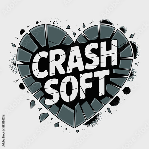 A stylized cracked heart shape with the words crash soft boldly displayed in white text against a dark grey segmented background with abstract debris and splatters