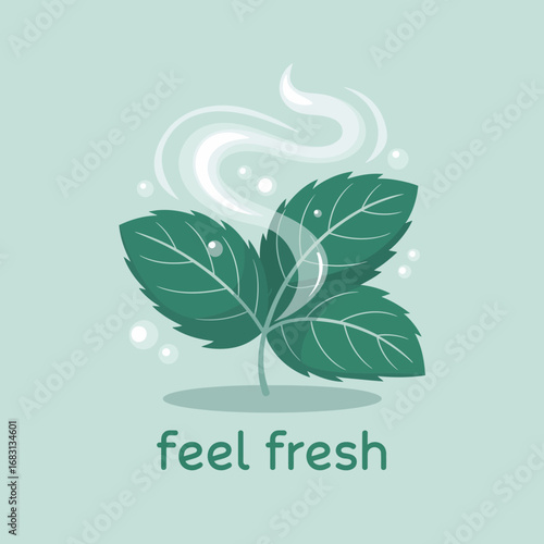 A refreshing illustration of vibrant green mint leaves with a gentle swirl of steam and dew drops symbolizing freshness and a clean invigorating sensation with the text feel fresh