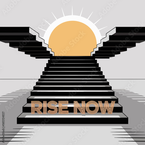 A grand staircase ascends towards a bright sun creating a powerful visual metaphor for ambition success and reaching new heights with the words rise now prominently displayed