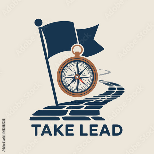 Success and direction concept with a winding road leading to a flag and compass symbolizing leadership and guidance