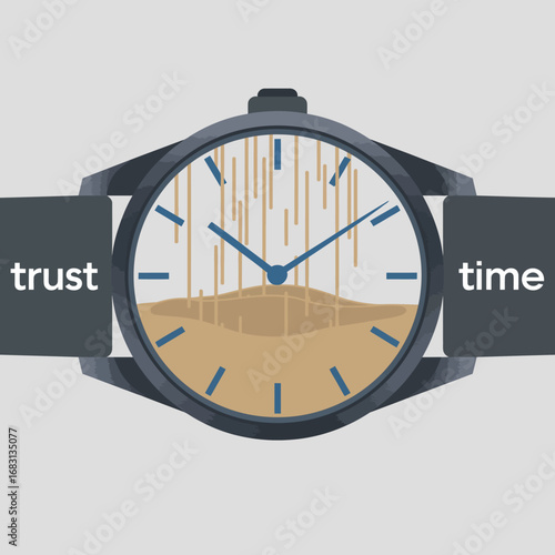 Modern wristwatch with sand flowing through the face symbolizing the passage of time and the concept of trust