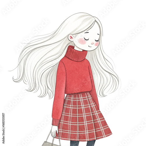 Cute long haired girl fashion outfit all red Clipart Watercolor