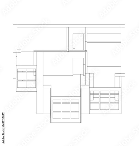 Detailed blueprint of a first-floor apartment plan, showing room layout, window placement, door positions, and structural contours.