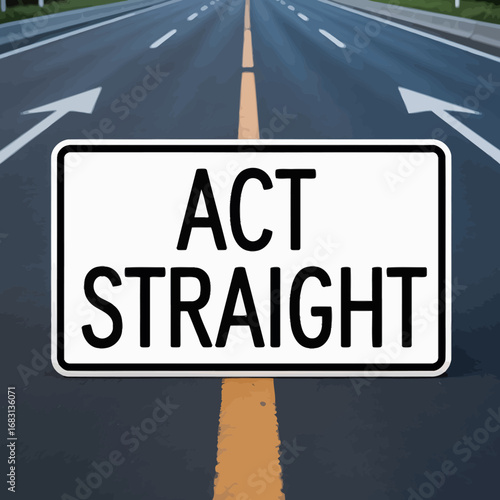 A white rectangular sign with black text that reads act straight is placed on a road with a yellow line down the middle and white lane markings