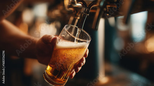 a hand pouring draft beer from a sleek black beer tap into a glass chalice. inside a bar.