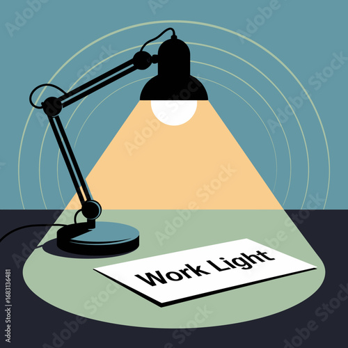 A modern black adjustable desk lamp illuminates a piece of paper with the words work light written on it casting a warm yellow glow on a desk