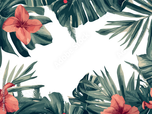 Vibrant tropical floral border with lush green leaves and orange hibiscus flowers