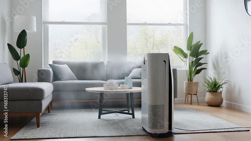 Breathe easy with modern air purifier in clean, bright, minimalist home