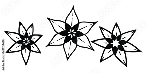 Three stylized star shaped flowers with black centers and white petals