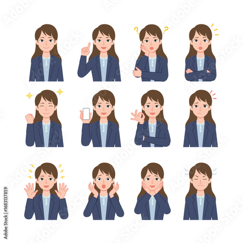 Young Woman in Business Casual with Diverse Expressions and Gestures