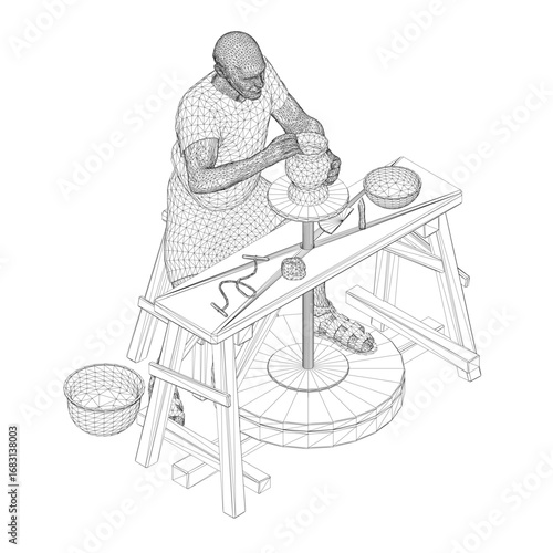 A male sculptor working intently at a pottery wheel, surrounded by tools and a wireframe basket in a black and white composition.