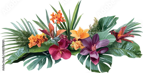 Vibrant tropical flower arrangement with exotic blooms and lush greenery on white background