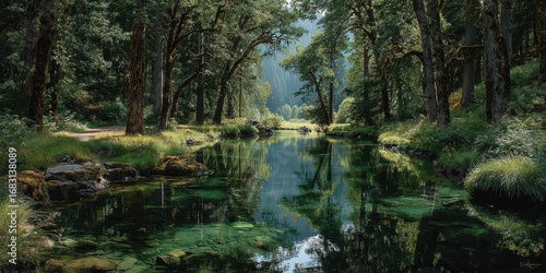 Serene forest landscape with a tranquil river reflecting trees in soft sunlight