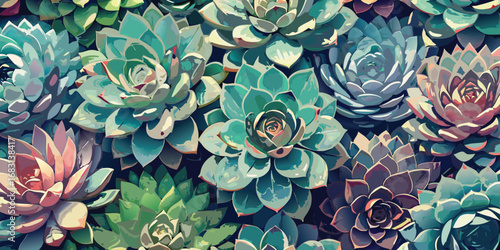 Close up of a vibrant collection of various succulent plants with colorful leaves